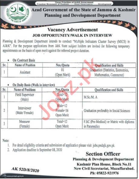 Multiple Indicator Cluster Survey MICS AJK Jobs 2020