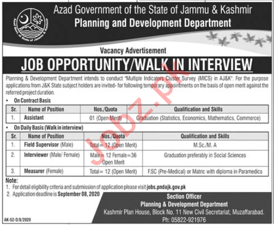 Planning & Development Department Muzaffarabad Jobs 2020