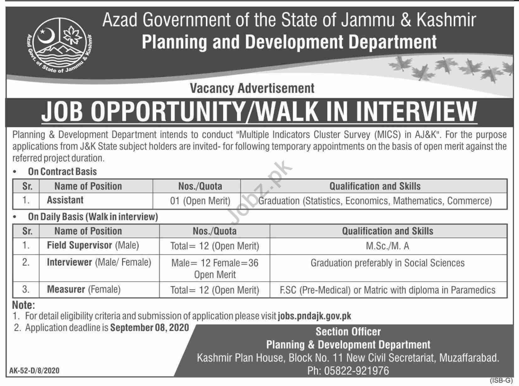 Multiple Indicator Cluster Survey MICS Muzaffarabad Jobs