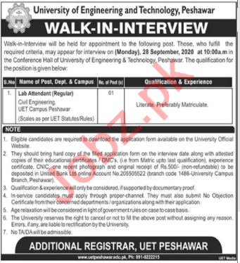 UET University Peshawar Jobs Interview 2020 Lab Attendant