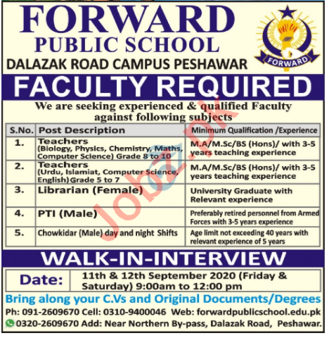 Forward Public School Dalazak Road Campus Peshawar Jobs 2020