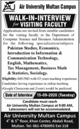 Air University Multan Campus Walk In Interviews