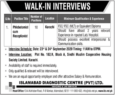 Islamabad Diagnostic Center Walk In Interviews