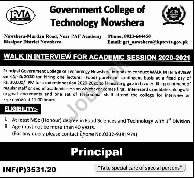 Govt College of Technology GCT Nowshera Jobs Interview 2020