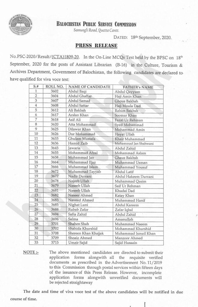 Culture Tourism and Archives Department BPSC Test Result