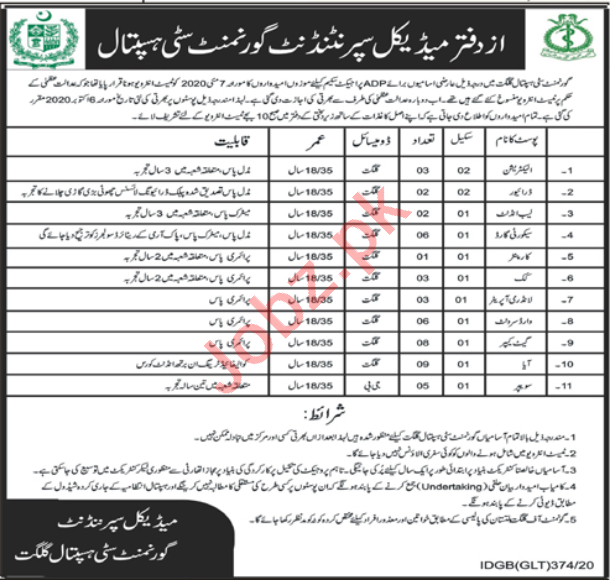 Government City Hospital Gilgit Jobs 2020 for Electrician