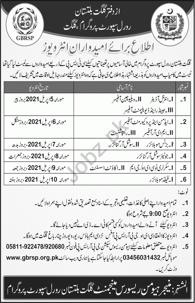 GBRSP Gilgit Baltistan Rural Support Programme Jobs 2021