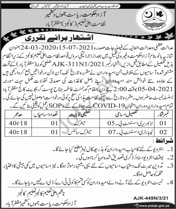 Higher Education Department HED Colleges AJK Jobs 2021