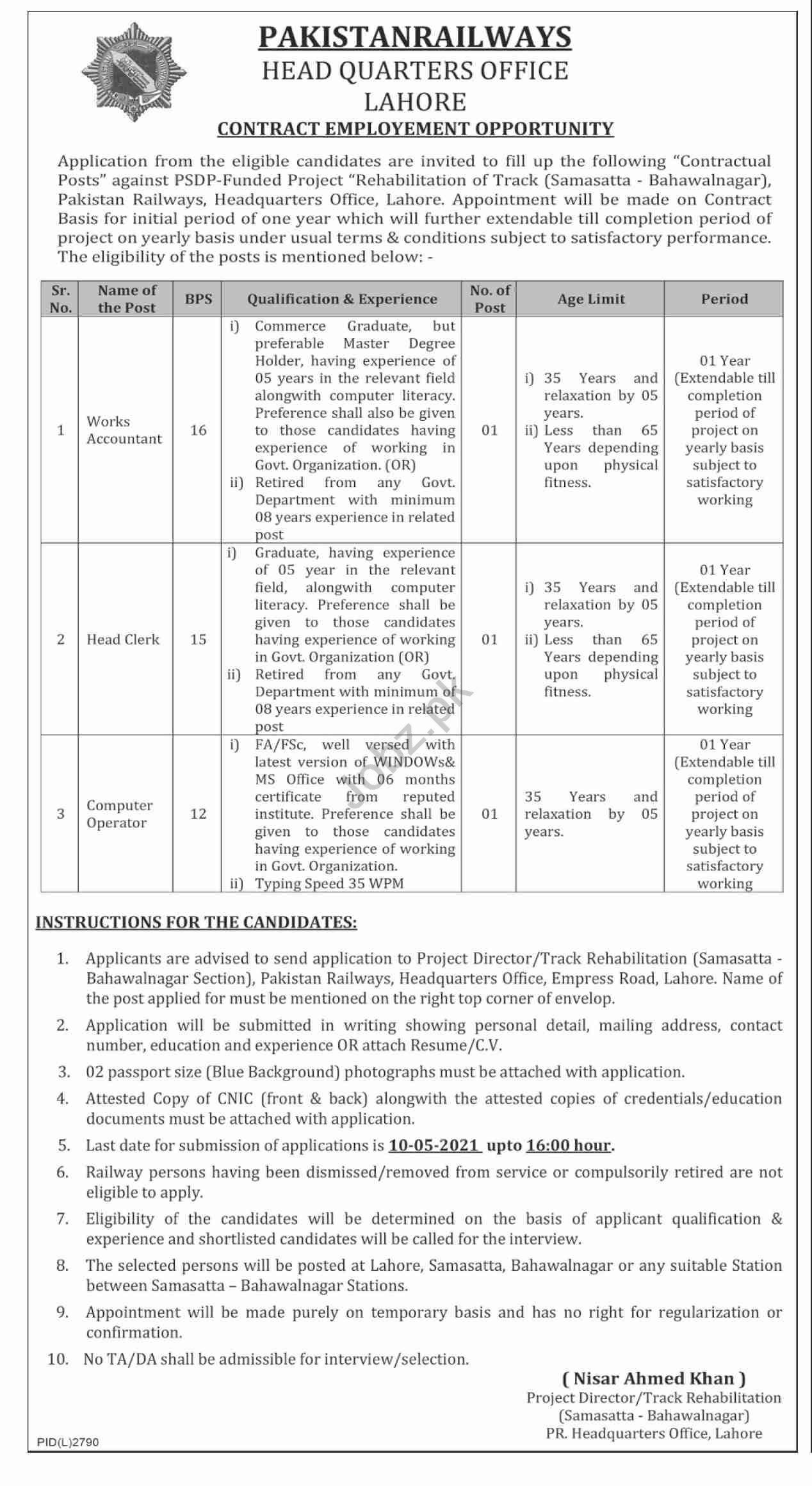 Pakistan Railways Lahore Jobs 2021 for Works Accountant