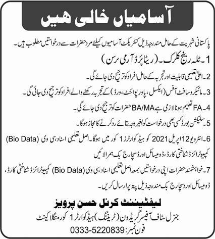 Pak Army Headquarter 1 Core Job 2021 in Mangla Cantt