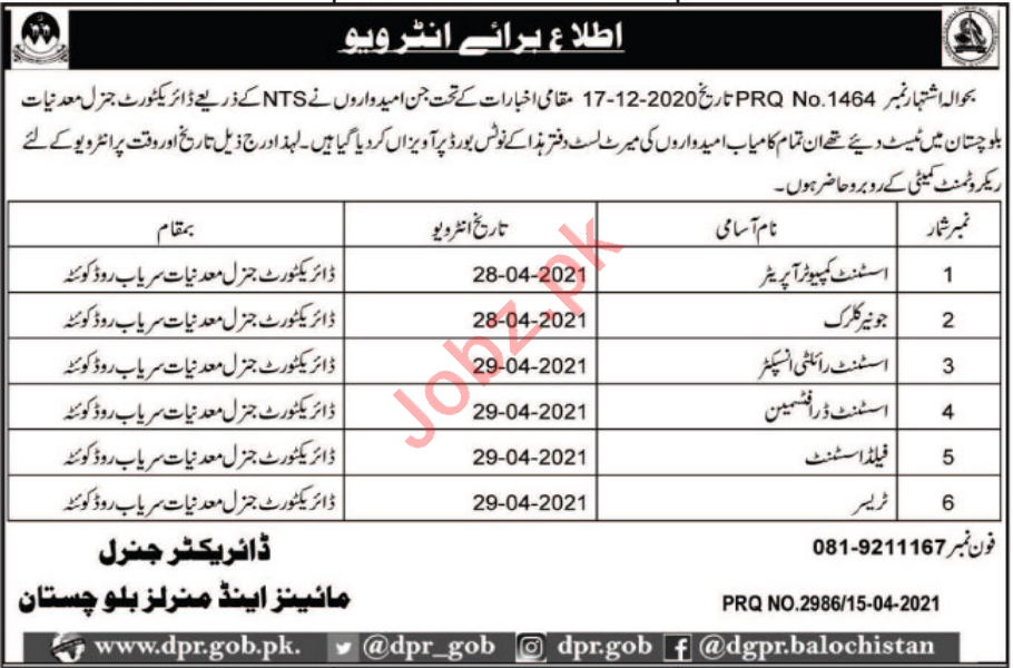 Mines & Minerals Department Quetta Jobs 2021 for Clerk