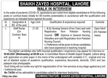 Shaikh Zayed Hospital Walk In Interviews 2021