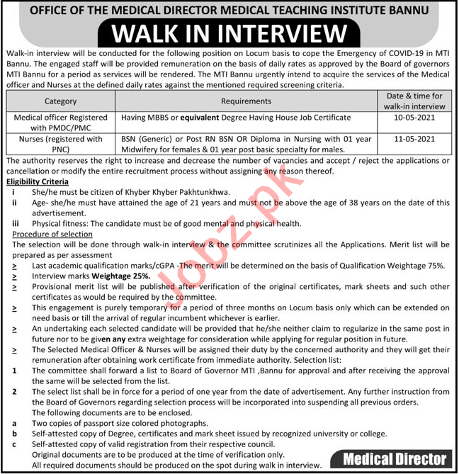 Medical Teaching Institute MTI Bannu Jobs 2021 for Nurse