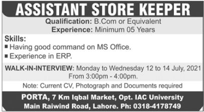 Assistant Storekeeper Job 2021 In Lahore