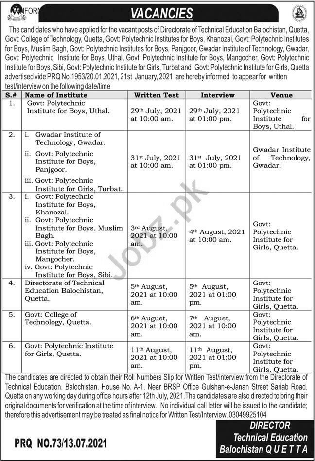 Directorate of Technical Education Balochistan Jobs 2021