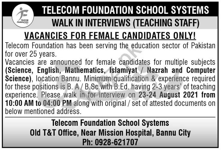 Telecom Foundation School Systems TFSS Bannu Jobs 2021
