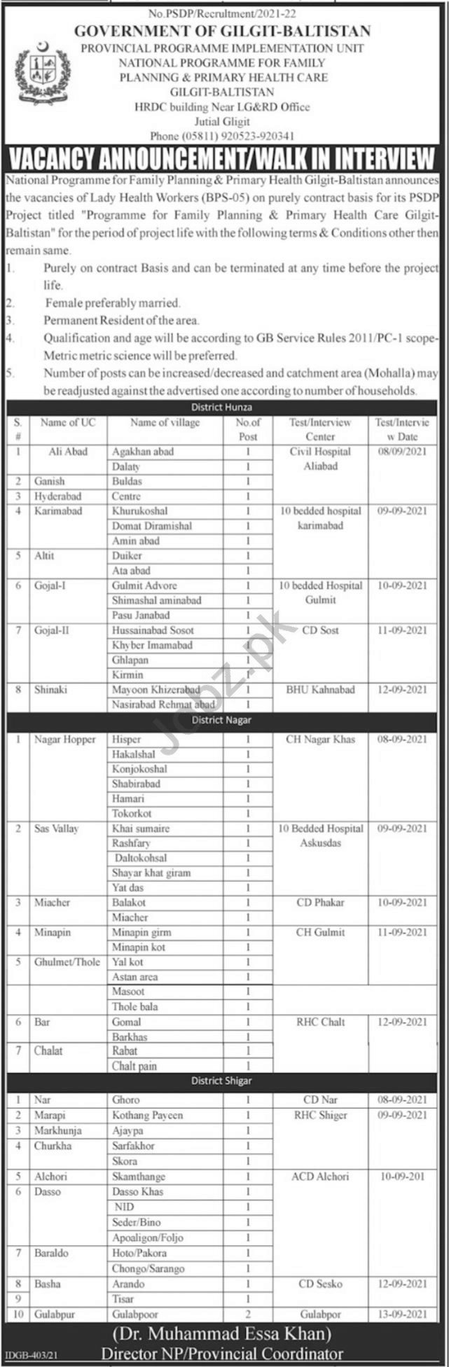 National Programme for Family Planning Gilgit Jobs 2021