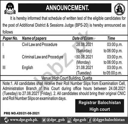 Balochistan High Court BHC Quetta Jobs Test 2021