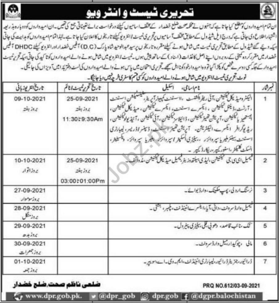 Health Department Khuzdar Jobs Interview 2021 Technician