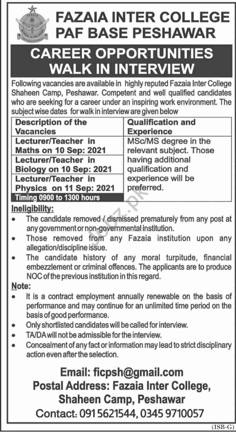 Fazaia Inter College PAF Base Peshawar Jobs Interview 2021