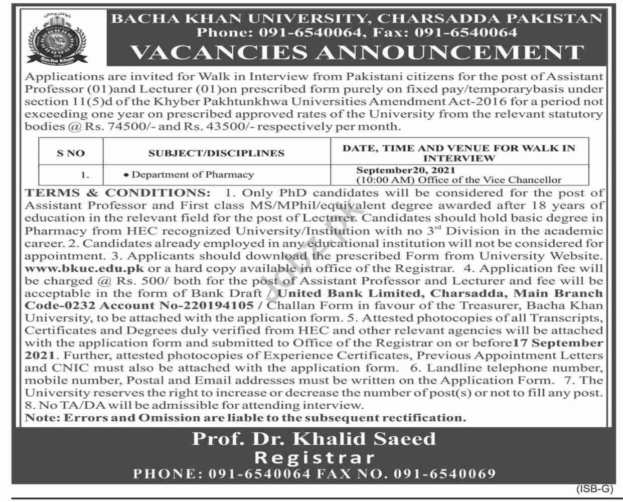 Bacha Khan University Charsadda BKUC Jobs Interview 2021