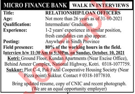 Microfinance Bank Walk In Interviews 2021