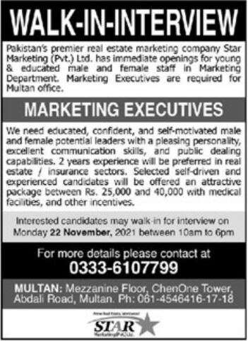 Marketing Executive Jobs in Pakistan Premier Real Estate in November