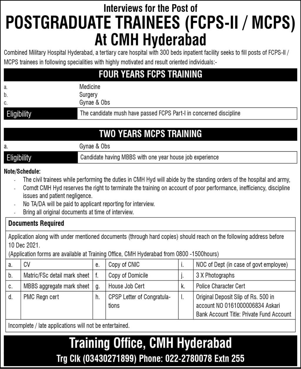 CMH Hyderabad Post Graduate Trainee FCPS II Interviews 2021 in November