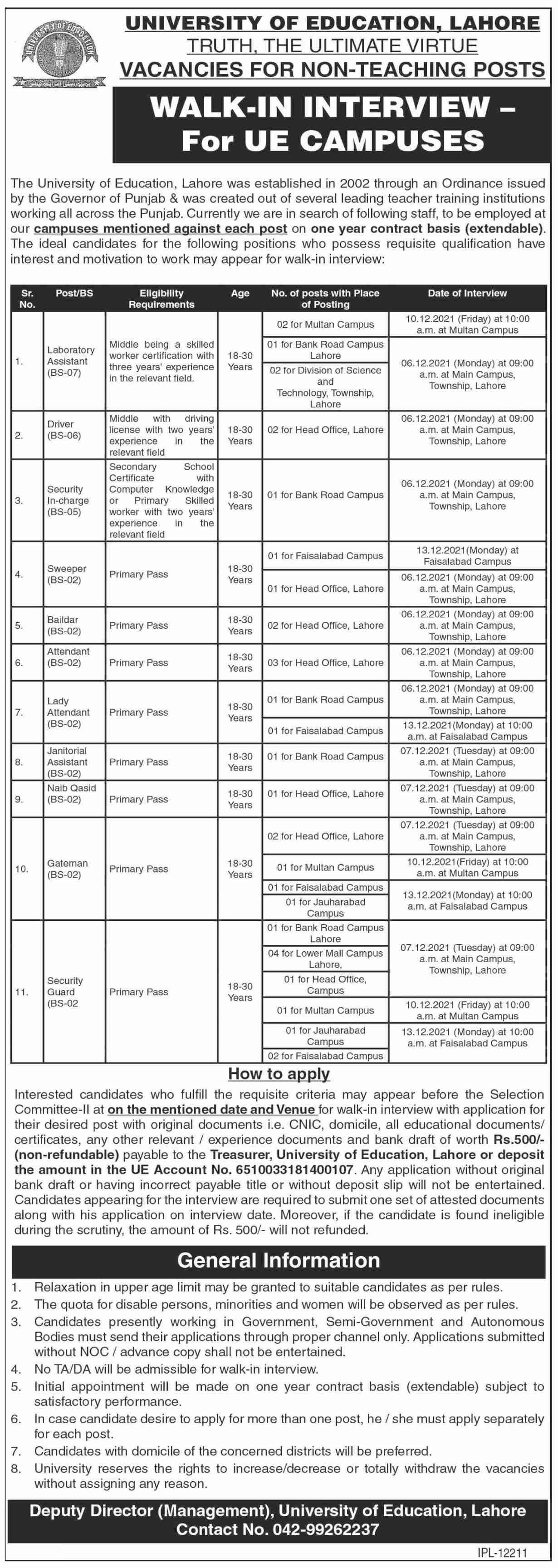 University of Education Lahore Walk in Interview 2021 in November