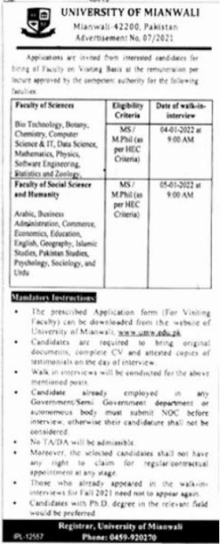 University of Mianwali UMW Jobs Interview 2022 in December
