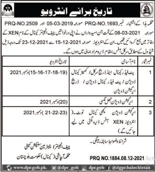 Irrigation Department Balochistan Jobs Interviews 2021 in December