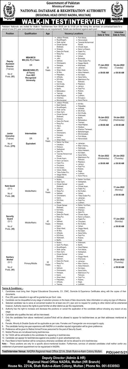NADRA Regional Head Office Multan Jobs Interview 2022 in December