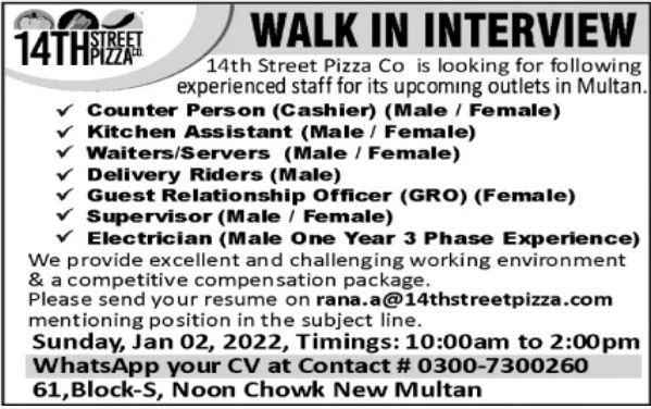 14th Street Pizza Company Multan Jobs 2022 in December