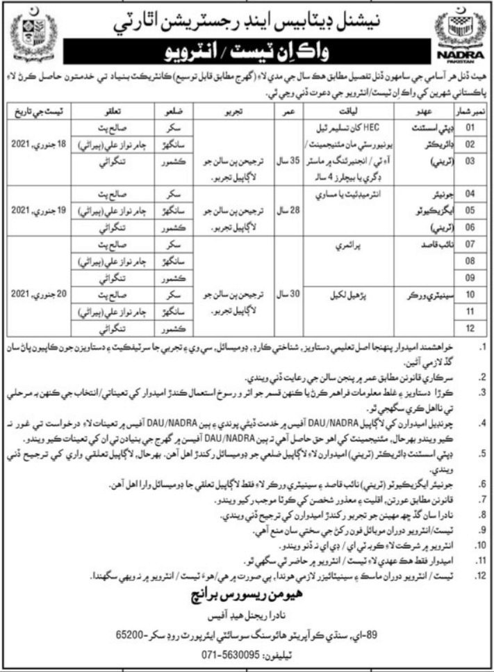 NADRA Regional Head Office Sukkur Jobs Interview 2022 in January