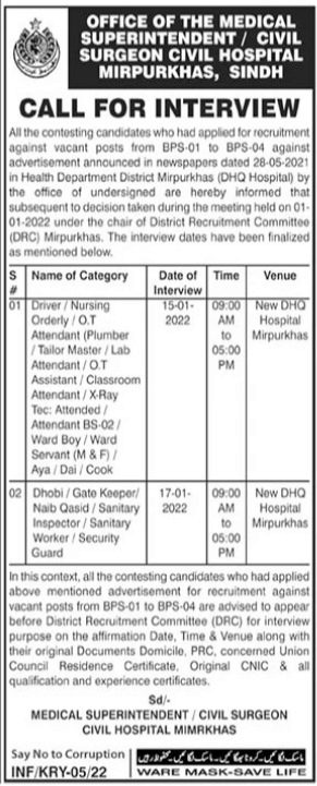 Civil Hospital Mirpur Khas Jobs Interviews 2022 in January