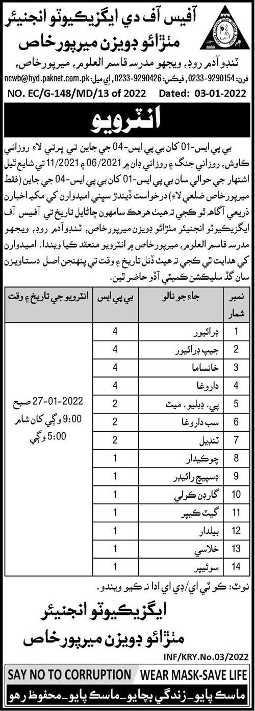 Irrigation Department Mathrao Division Mirpurkhas Jobs 2022 in January
