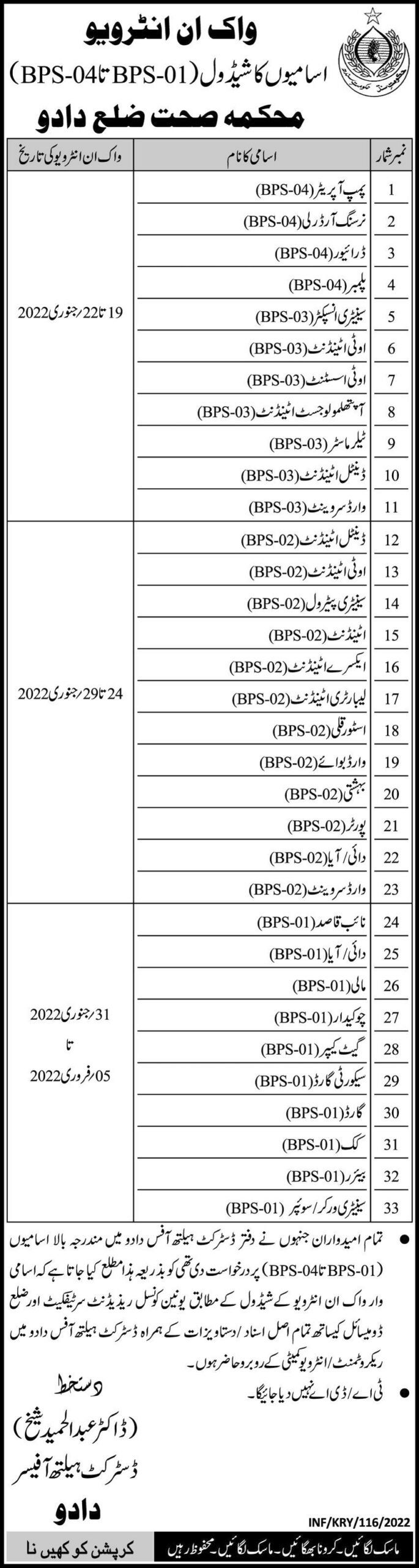 Health Department Dadu Jobs Interviews 2022 in January
