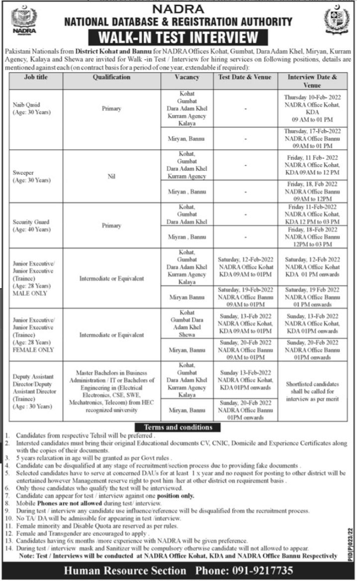 NADRA District Kohat & Bannu Jobs Interviews 2022 in January