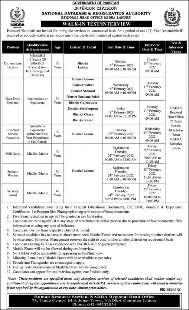 NADRA Jobs 2022