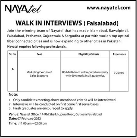 Walk in Interviews for jobs Positions at Nayatel Limited in February