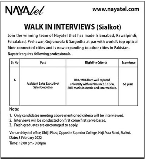 Walk in Interview for jobs at Nayatel Sialkot in February