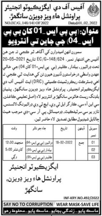 Provincial Highway Division Sanghar Jobs Interview 2022 in February