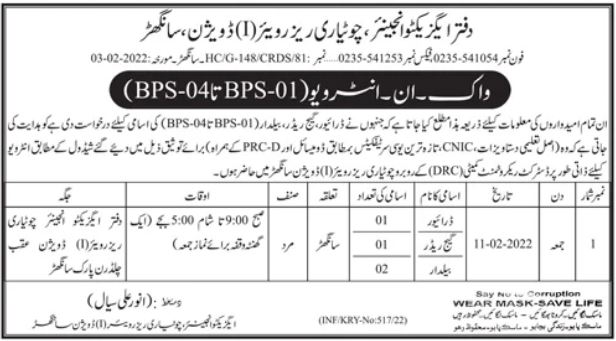 Chotiari Reservoir Division Jobs Interviews 2022 in February