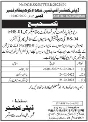 Deputy Commissioner Office Qambar Shahdadkot Jobs 2022 in February