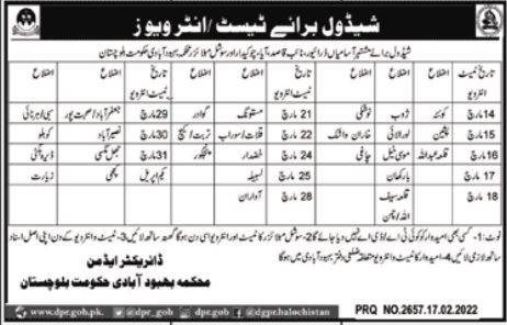 Schedule of Test Interviews for jobs at PWD Balochistan in February