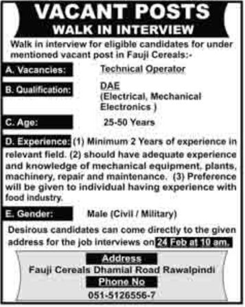 Interviews for Technical Operator job at Fauji Cereals in February
