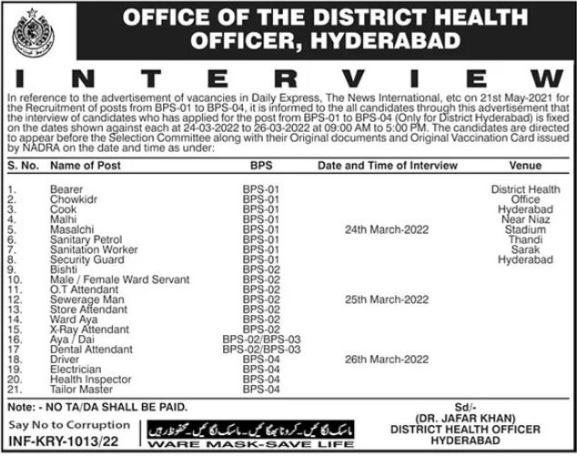 Scale 1 to 4 job Interviews at District Health Office in March