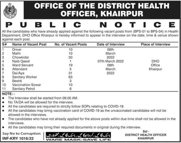 Notice for Interviews for jobs at District Health Office in March