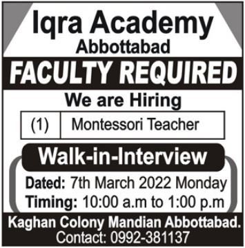 Walk in Interview for Teaching jobs at Iqra Academy in March