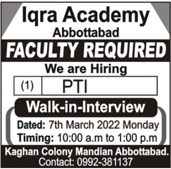 Interviews for job at Iqra Academy Abbottabad in March